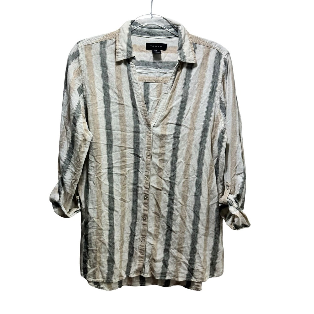 Tahari Linen Blend Nautical Preppy Beach Striped Button Up Shirt M Beige Gray